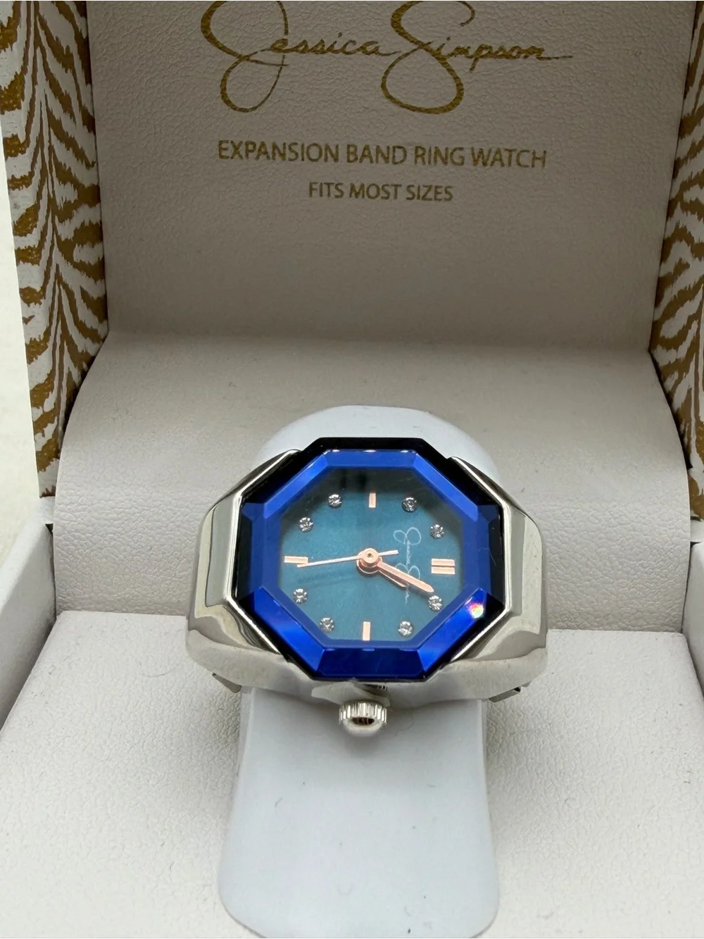 Jessica Simpson Blue Bezel Ring Watch with Silver Band